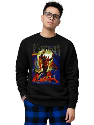 Fuddy Moda Unisex Oversize Rock Band Manowar Baskılı Bisiklet Yaka Kapüşonsuz Sweatshirt
