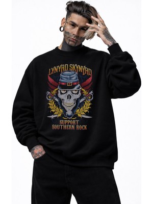 Fuddy Moda Unisex Oversize Lynyrd Skynyrd Support Southern Rock Baskılı Bisiklet Yaka Kapüşonsuz Sweatshirt