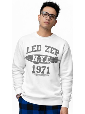 Fuddy Moda Unisex Oversize LED Zeppelin N.y.c 1971 Baskılı Bisiklet Yaka Kapüşonsuz Sweatshirt