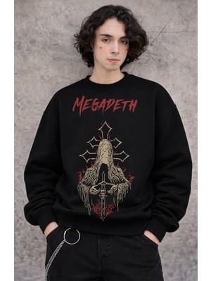 Fuddy Moda Unisex Oversize Mega Haçlı Megadeth Baskılı Bisiklet Yaka Kapüşonsuz Sweatshirt