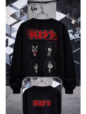 Fuddy Moda Unisex Oversize Kiss Members Sırt Baskılı Bisiklet Yaka Kapüşonsuz Sweatshirt