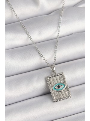 Epilons Çelik Gümüş Renk Zirkon Taşlı Göz Işleme Detaylı Plaka Model Kadın Kolye