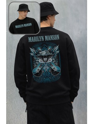 Fuddy Moda Unisex Oversize Marilyn Manson Sırt Baskılı Bisiklet Yaka Kapüşonsuz Sweatshirt
