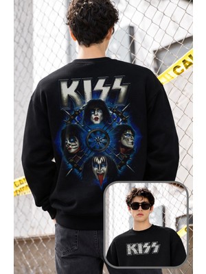 Fuddy Moda Unisex Oversize Kiss Rock Band Sırt Baskılı Bisiklet Yaka Kapüşonsuz Sweatshirt
