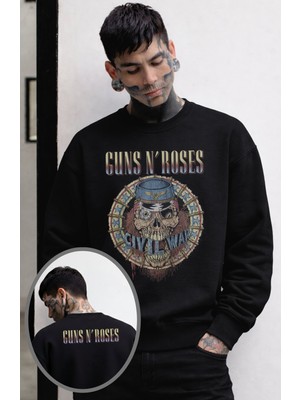Fuddy Moda Unisex Oversize Guns N Roses Civil War Ense Baskılı Bisiklet Yaka Kapüşonsuz Sweatshirt