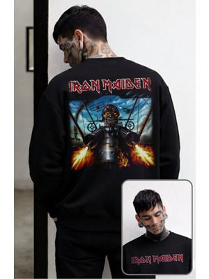 Fuddy Moda Unisex Oversize Iron Maiden Rock Band Sırt Baskılı Bisiklet Yaka Kapüşonsuz Sweatshirt