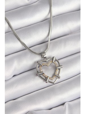 Epilons Çelik Gümüş Renk Italyan Zincir Mix Renk Zirkon Taş Detay Kalp Model Kadın Kolye