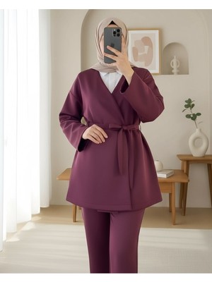 Modamorfo Beli Kuşaklı V Yaka  Scuba Kimono  -Bordo