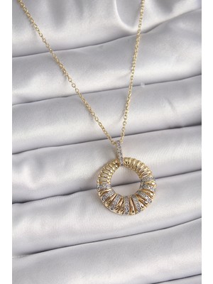 Epilons Çelik Gold Renk Zincir Gümüş Zirkon Taşlı Daire Model Kadın Kolye