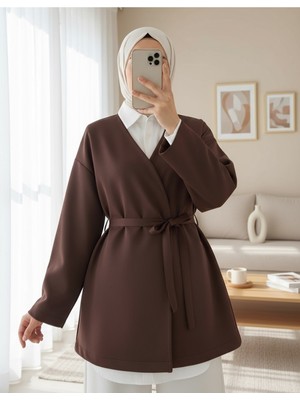 Modamorfo Beli Kuşaklı V Yaka  Scuba Kimono  -Kahve