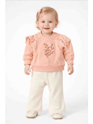 Vovido Kız Bebek Nakışlı Fırfır Detaylı Sweatshirt ve Fitili Pantolon Takımı