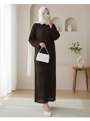 Modamorfo Ajurlu Desenli Triko Elbise -K. Kahve