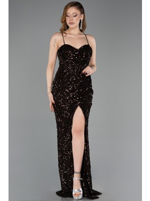 Abiyefon Yırtmaçlı Göğüs Drapeli Uzun Pullu Abiye Elbise ABU4842