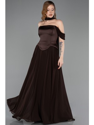 Abiyefon Kayık Yaka Saten Peplum Kesim Uzun Şifon Abiye ABU5327