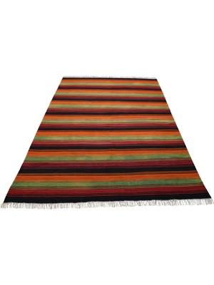 Zehra Abla Halı Yeni El Dokuma Otantik Dikişsiz Yekpare Çizgili Gömürgen Yün Kilim 7029