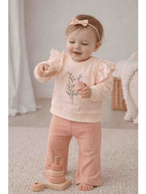 Vovido Kız Bebek Nakışlı Fırfır Detaylı Sweatshirt ve Fitili Pantolon Takımı