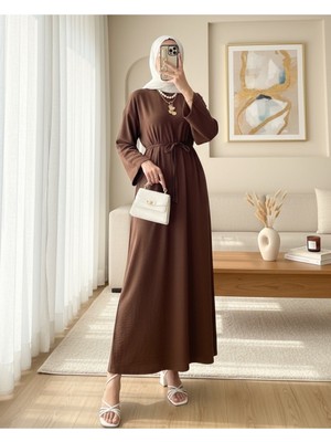 Modamorfo Beli Bağlamalı Arkası Fermuarlı Keten Elbise -Kahve