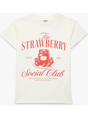Koton  Bisiklet Yaka Baskılı Ekru Kız Çocuk T-Shirt 6SKG10291AK