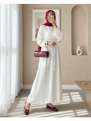 Modamorfo Beli Bağlamalı Arkası Fermuarlı Keten Elbise -Ekru