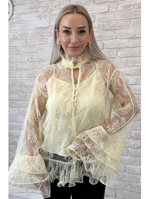 Muna Boutique Garciel Sarı Kendinden Bodyli Ithal Tül Gömlek