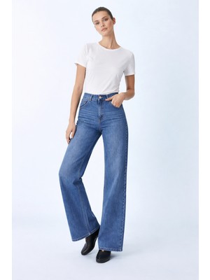 Hakke Kadın Yüksek Bel Bol Paça Wide Leg Jean Pantolon