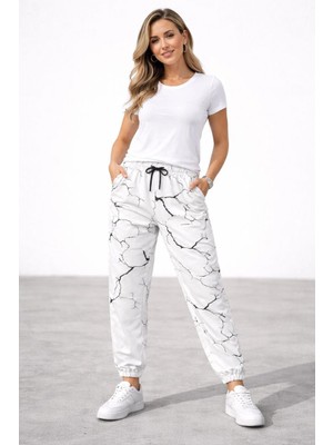 Pileli Store Kadın Dijital Baskılı Eşofman Altı Pantolon Üç Iplik Şardonlu Lastikli Paça Cepli Kalıp -
