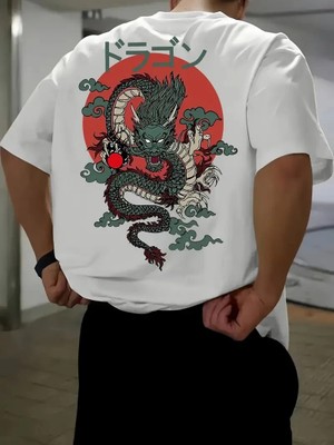 Pileli Store 20/1 Penye Compack Ön Arka Ejder Baskılı Oversize Bisiklet Yaka T-Shirt - Beyaz