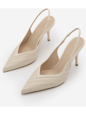 Marjin Kadın Stiletto Sivri Burun Arkası Açık Örgü Desen Atkılı Topuklu Ayakkabı Vigesa Ekru