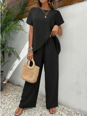 Kadın Kısa Kollu Bisiklet Yaka Asimetrik Kesim Detaylı Bürümcük Bluz ve Pantolon Ikili Takım