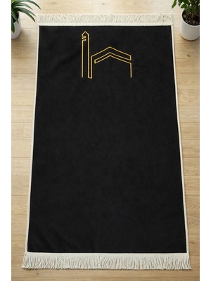 İhvan Online Kabe Işlemeli Lüks Kadife Seccade - Çeyizlik, Hac ve Umre Hediyelik Namazlık - Siyah