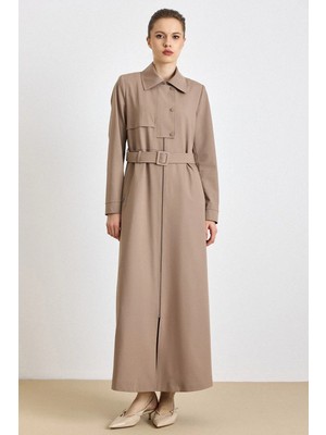 Olcay Fermur Kapamalı Çıt Çıt Detaylı Astarlı Pardesü Taş 6840