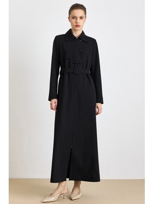 Olcay Fermur Kapamalı Çıt Çıt Detaylı Astarlı Pardesü Siyah 6840