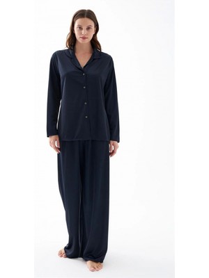 Marsilyan- Kadın Lacivert Oversize Saten Pijama Takımı – Rahat Kesim Şık Ev Giyim Seti