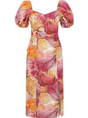 Çiçekli Yırtmaç Detaylı Midi Elbise