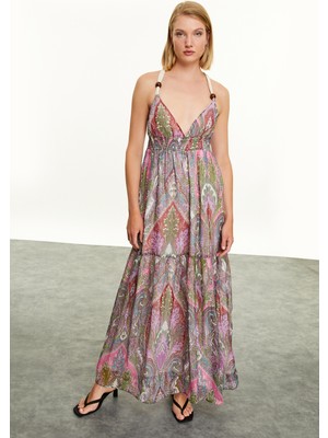 MUDO Boyundan Bağlamalı Baskılı Uzun Elbise