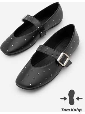 Marjin Kadın Küt Burun Tokalı Zımbalı Babet Velona Siyah