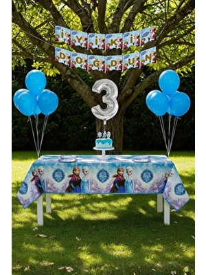 Umamiçe Frozen Elsa Temalı 3 Yaş Doğum Günü Parti Seti – Masa Örtüsü + Banner + Balonlar