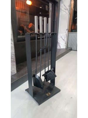 Taş Devri Şömine - Beşli Lüks Şömine ve Soba Maşa Takımı - Gümüş Renk Saplı Askı Standlı - Aksesuar 002