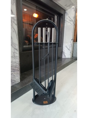 Taş Devri Şömine ve Doğal Taş - File Sırtlı Metal Saplı Beşli Şömine Soba Maşa Seti- Aksesuar 003