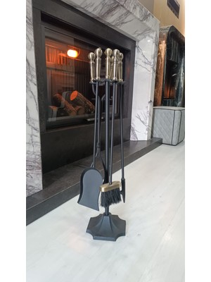 Taş Devri Şömine ve Doğal Taş - 5'li Lüks Bronz Topuz Başlıklı Şömine ve Soba Aksesuar Seti - 004