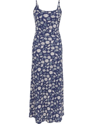 Marin Baskılı Askılı Midi Elbise