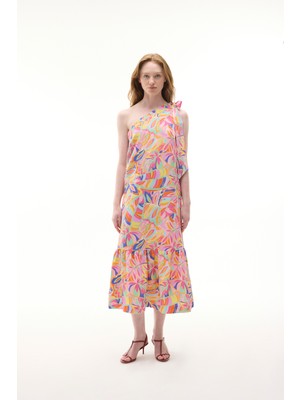 MUDO Baskılı Tek Omuz Midi Elbise