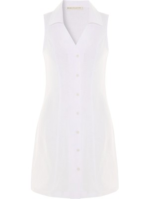 MUDO Gömlek Yaka Kolsuz Mini Keten Elbise