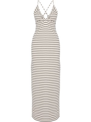 MUDO Çizgili Askılı Sırt Detaylı Midi Elbise