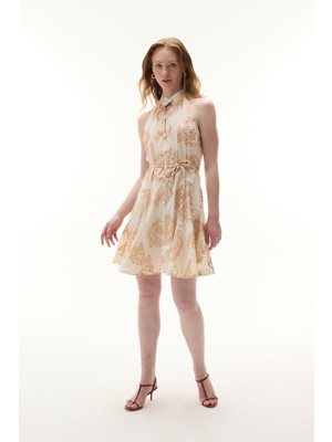 Baskılı Kemerli Kolsuz Kloş Mini Elbise