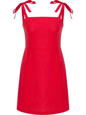 Kolsuz Bağlamalı Mini Keten Elbise