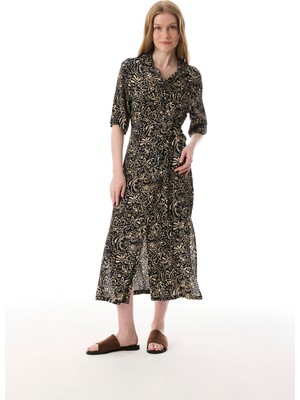 Etnik Baskılı Bağlama Detaylı Uzun Elbise