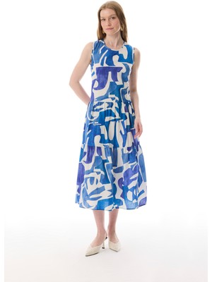 Baskılı Kolsuz Kloş Midi Elbise