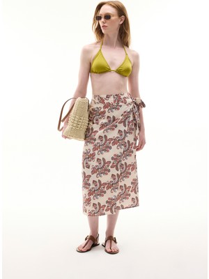 Kruvaze Bağlamalı Baskılı Midi Etek