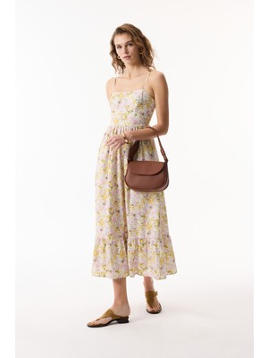 MUDO Floral Baskılı Askılı Kloş Midi Elbise